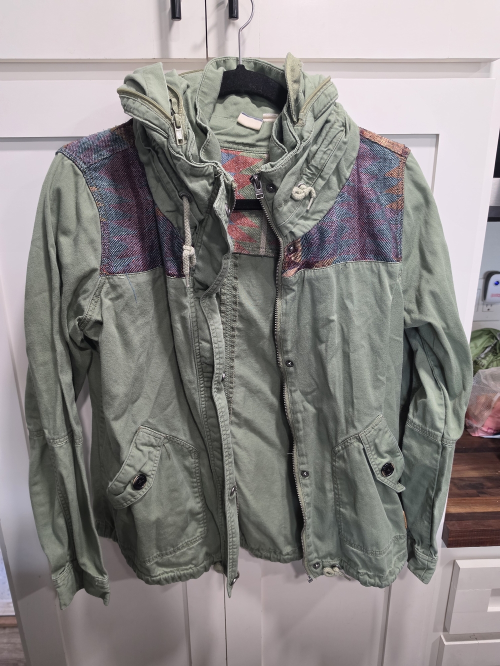 Roxy Sage Green Utility Beach Jacket with Multicolor Aztec Yoke